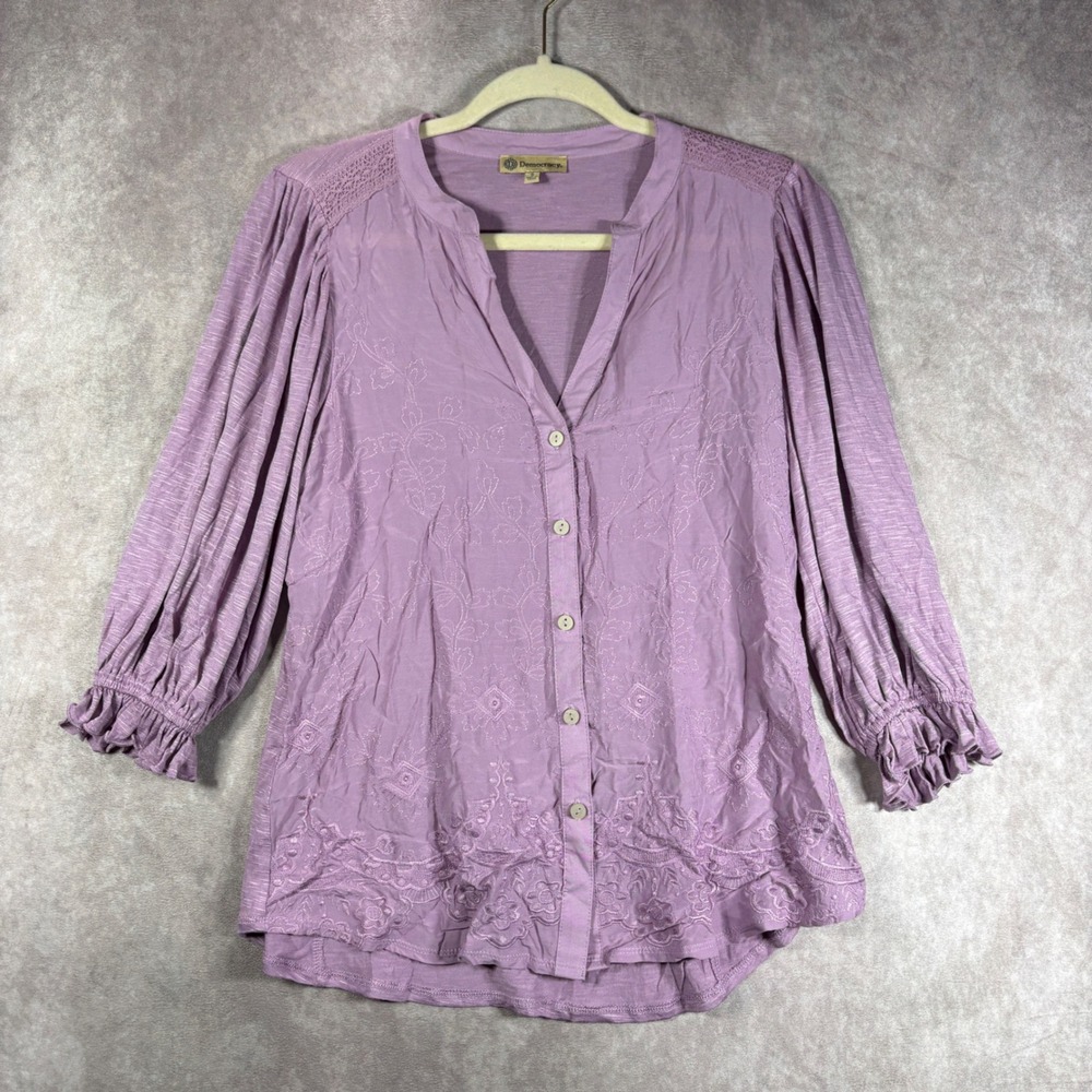 Democracy Blouse Women Small Purple Boho Festival Embroidered Crochet Ruffle Top